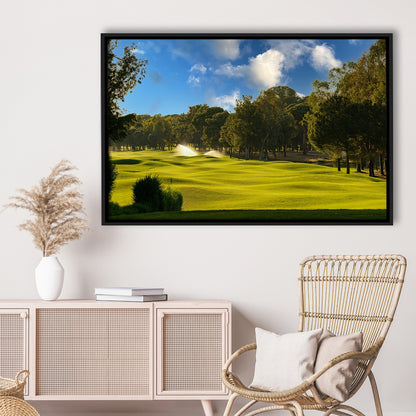 Serene Golf Course Under A Beautiful Sky, Floating Framed Canvas Print Wall Art