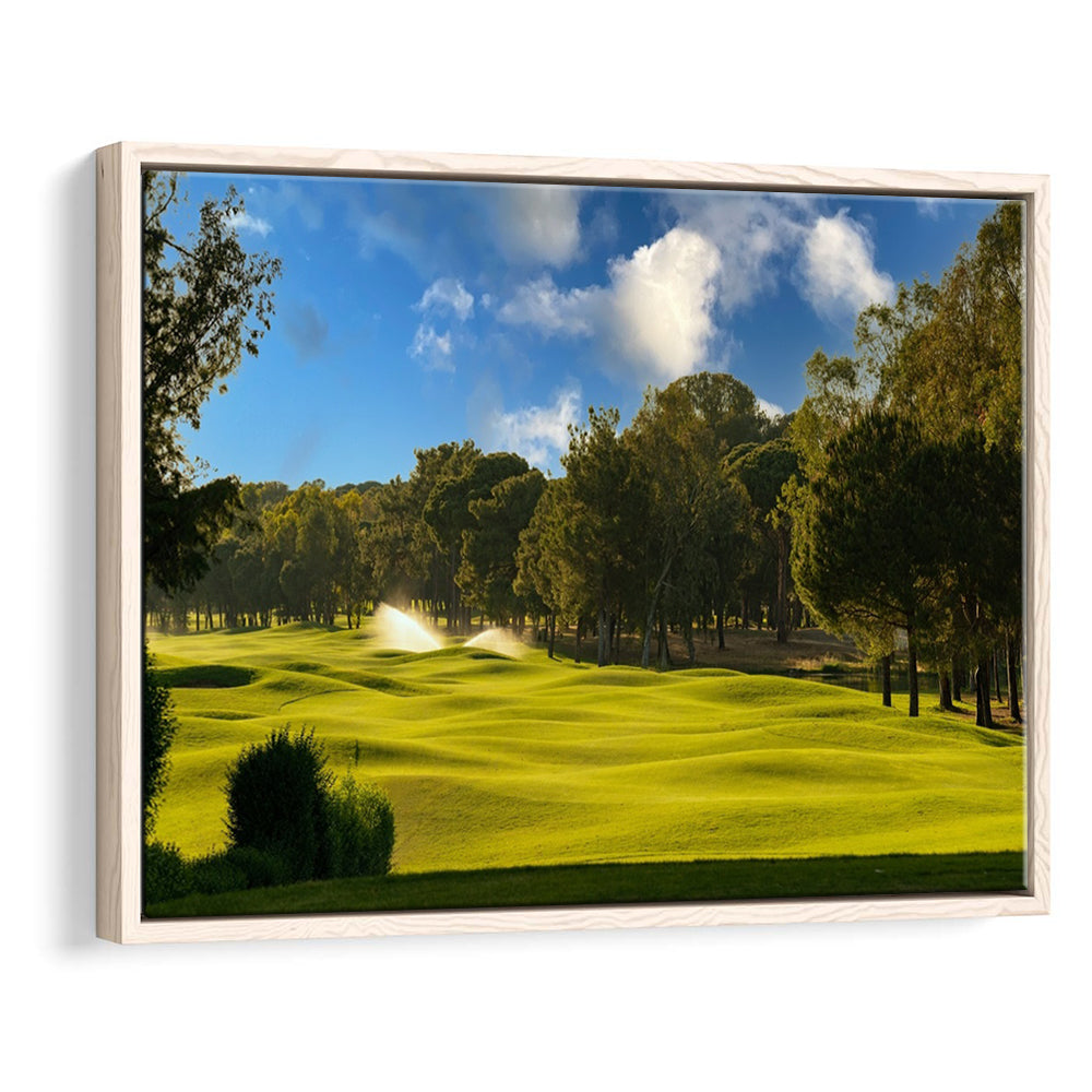 Serene Golf Course Under A Beautiful Sky, Floating Framed Canvas Print Wall Art