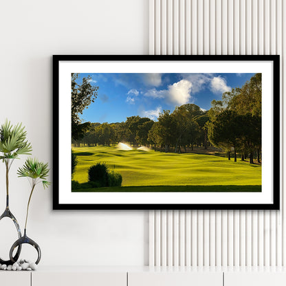 Serene Golf Course Under A Beautiful Sky, Goft Art Print, Framed Art Print White Border Wall Decor