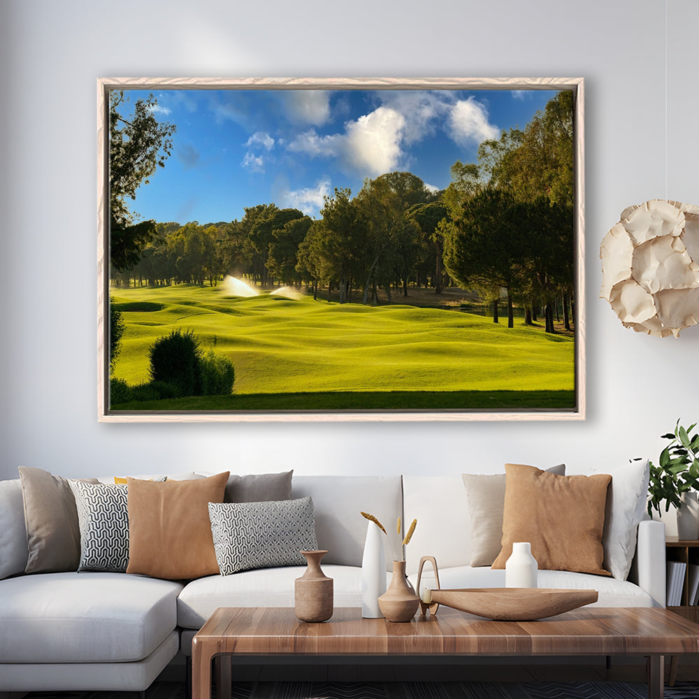 Serene Golf Course Under A Beautiful Sky, Floating Framed Canvas Print Wall Art