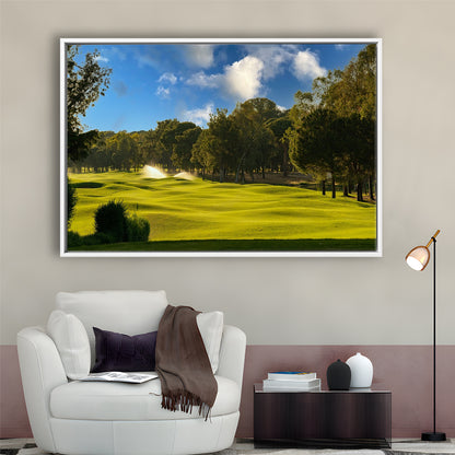 Serene Golf Course Under A Beautiful Sky, Floating Framed Canvas Print Wall Art