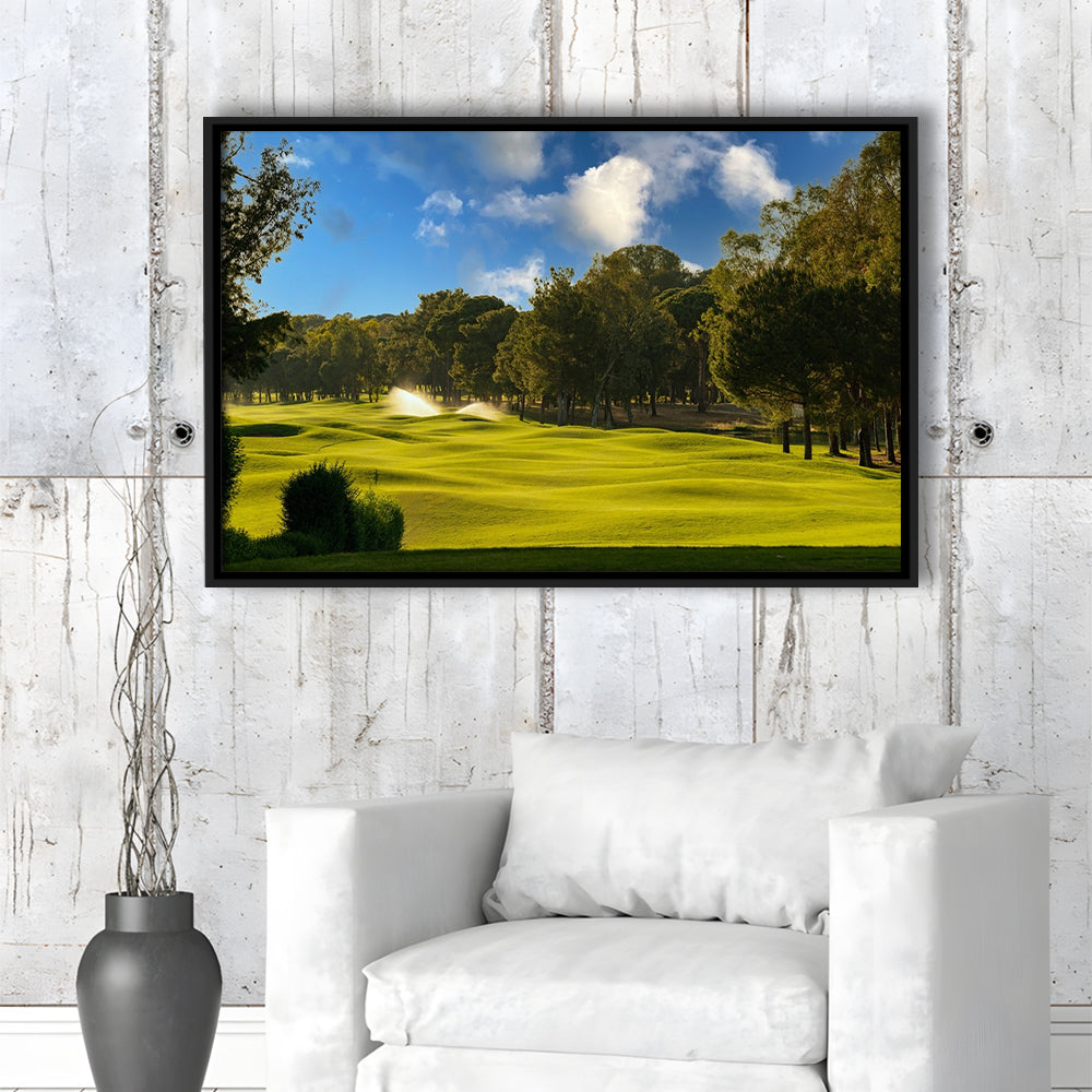 Serene Golf Course Under A Beautiful Sky, Floating Framed Canvas Print Wall Art