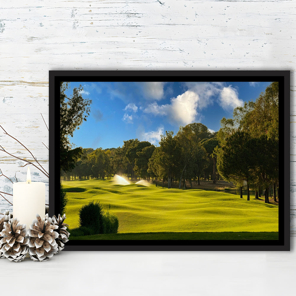 Serene Golf Course Under A Beautiful Sky, Floating Framed Canvas Print Wall Art