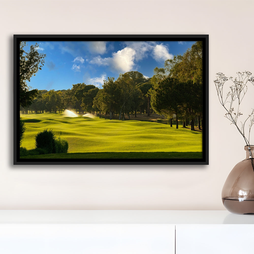 Serene Golf Course Under A Beautiful Sky, Floating Framed Canvas Print Wall Art
