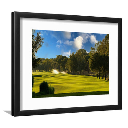 Serene Golf Course Under A Beautiful Sky, Goft Art Print, Framed Art Print White Border Wall Decor