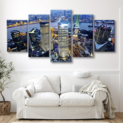 Shanghai Wall Decor,Modern China Cityscape Canvas Art Print for Living Room, 5 Piece Large Cavas Print Wall Art