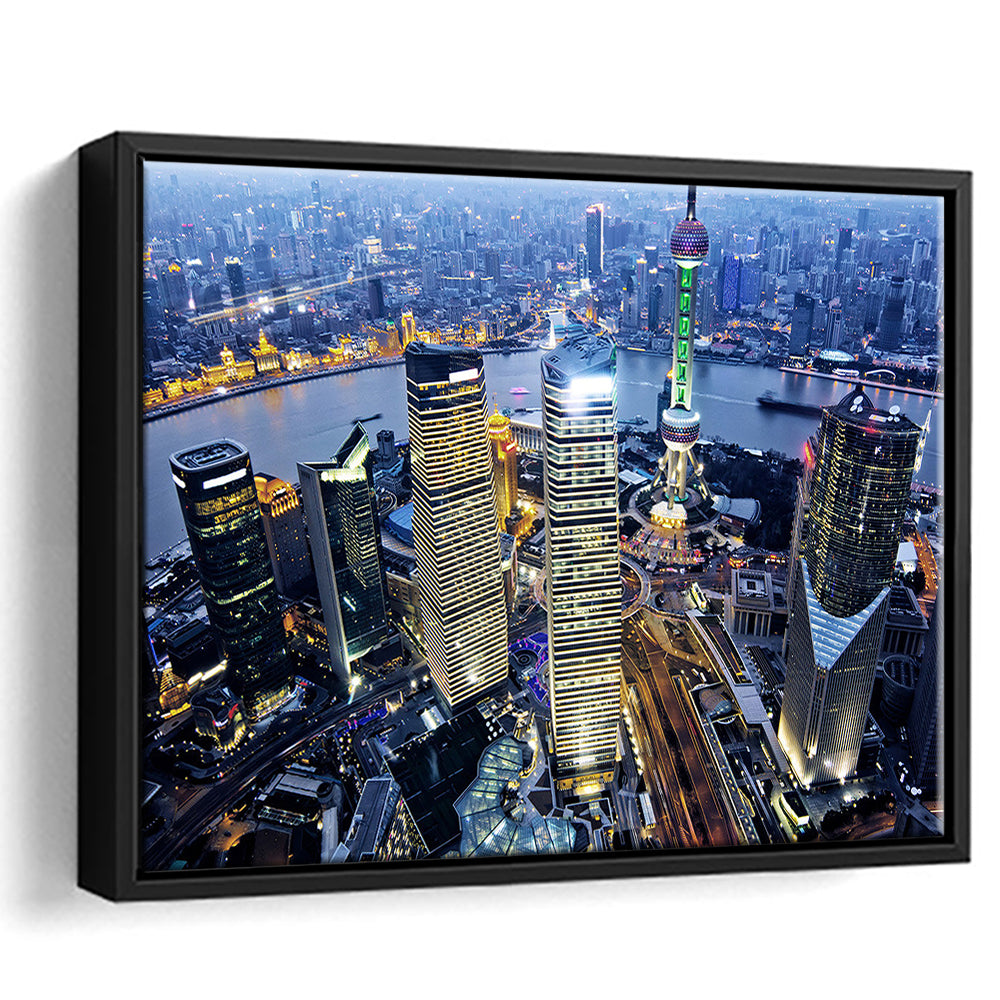 Shanghai Wall Decor,Modern China Cityscape Canvas Art Print For Living Room, Framed Cavas Print, Floating Frame