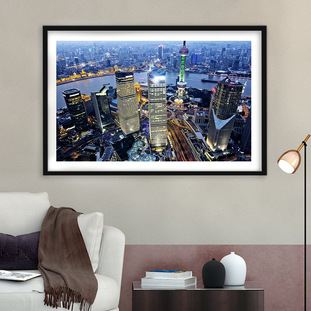 Shanghai Wall Decor,Modern China Cityscape Art Print For Living Room, Framed Art Print White Border