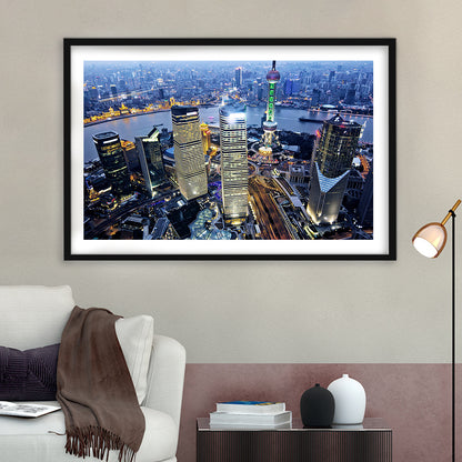 Shanghai Wall Decor,Modern China Cityscape Art Print For Living Room, Framed Art Print White Border