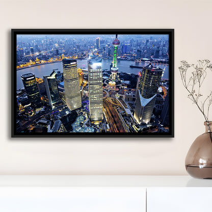 Shanghai Wall Decor,Modern China Cityscape Canvas Art Print For Living Room, Framed Cavas Print, Floating Frame