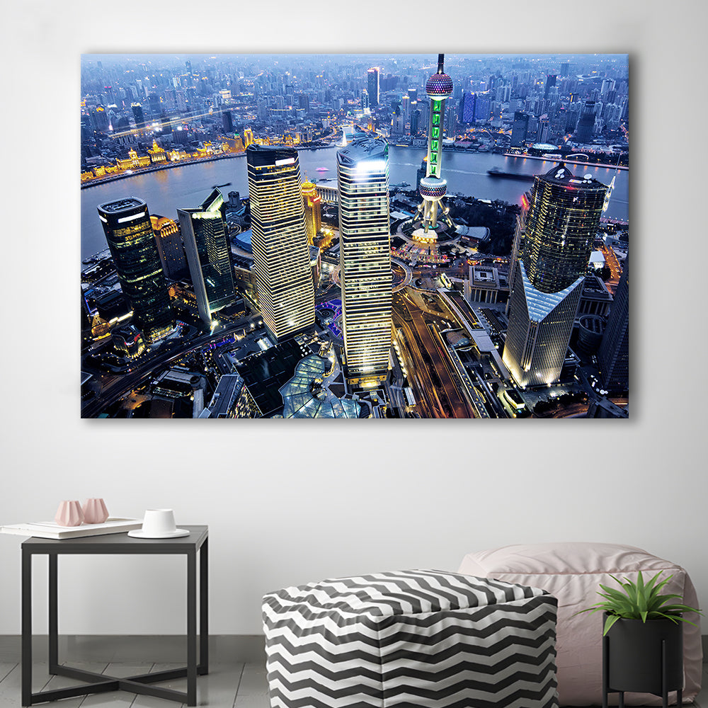 Shanghai Wall Decor,Modern China Cityscape Canvas Art Print for Living Room, Cavas Print Wall Art Hom Decor