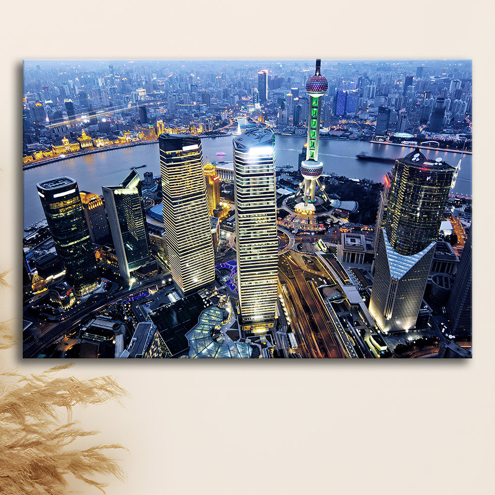 Shanghai Wall Decor,Modern China Cityscape Canvas Art Print for Living Room, Cavas Print Wall Art Hom Decor