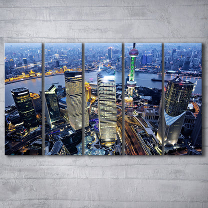 Shanghai Wall Decor,Modern China Cityscape Canvas Art Print for Living Room, 5 Piece B Extra Large Cavas Print Wall Art Decor