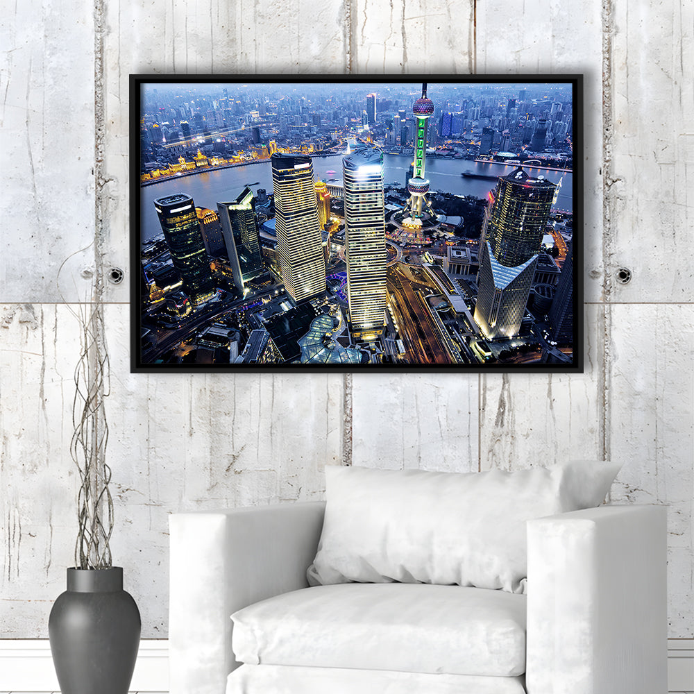 Shanghai Wall Decor,Modern China Cityscape Canvas Art Print For Living Room, Framed Cavas Print, Floating Frame