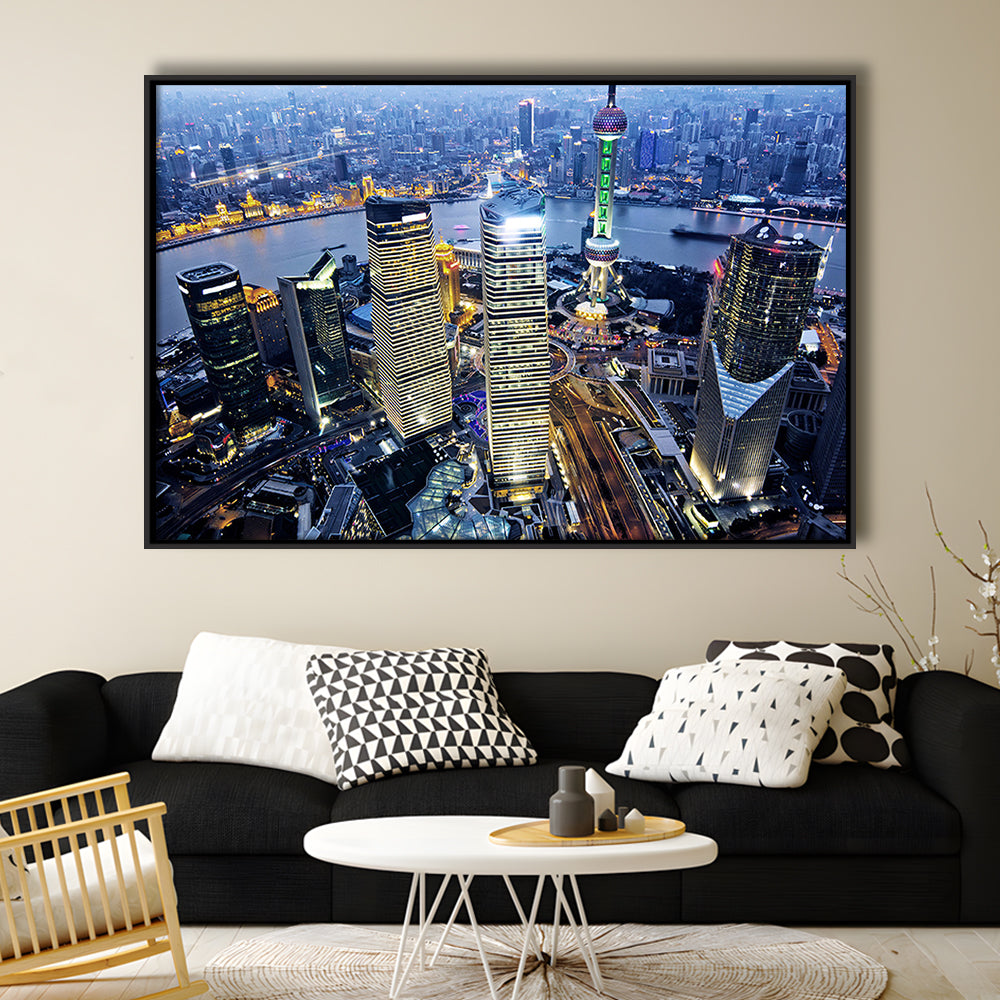Shanghai Wall Decor,Modern China Cityscape Canvas Art Print For Living Room, Framed Cavas Print, Floating Frame