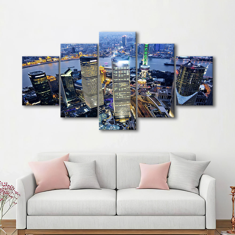 Shanghai Wall Decor,Modern China Cityscape Canvas Art Print for Living Room, 5 Piece Large Cavas Print Wall Art