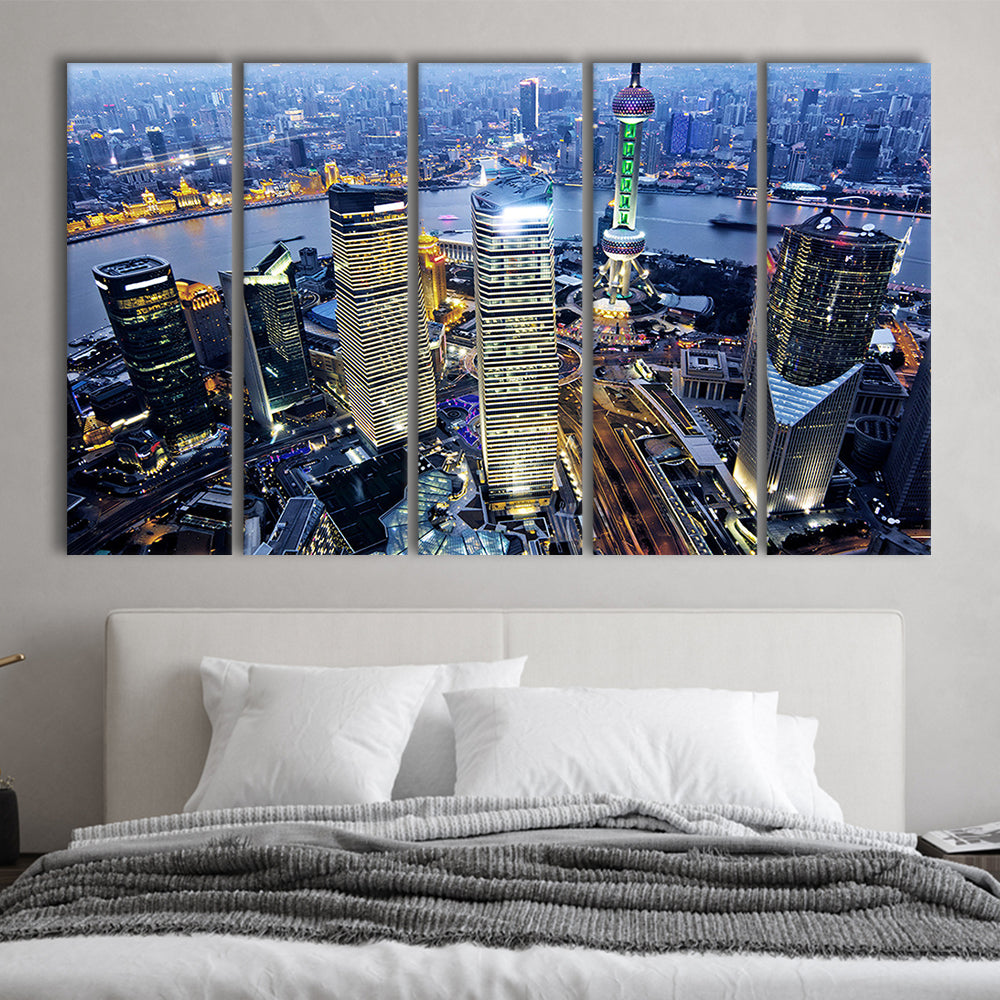 Shanghai Wall Decor,Modern China Cityscape Canvas Art Print for Living Room, 5 Piece B Extra Large Cavas Print Wall Art Decor