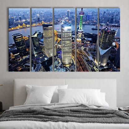 Shanghai Wall Decor,Modern China Cityscape Canvas Art Print for Living Room, 5 Piece B Extra Large Cavas Print Wall Art Decor