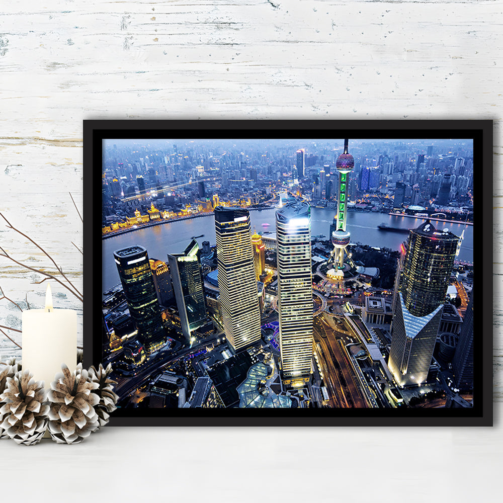 Shanghai Wall Decor,Modern China Cityscape Canvas Art Print For Living Room, Framed Cavas Print, Floating Frame