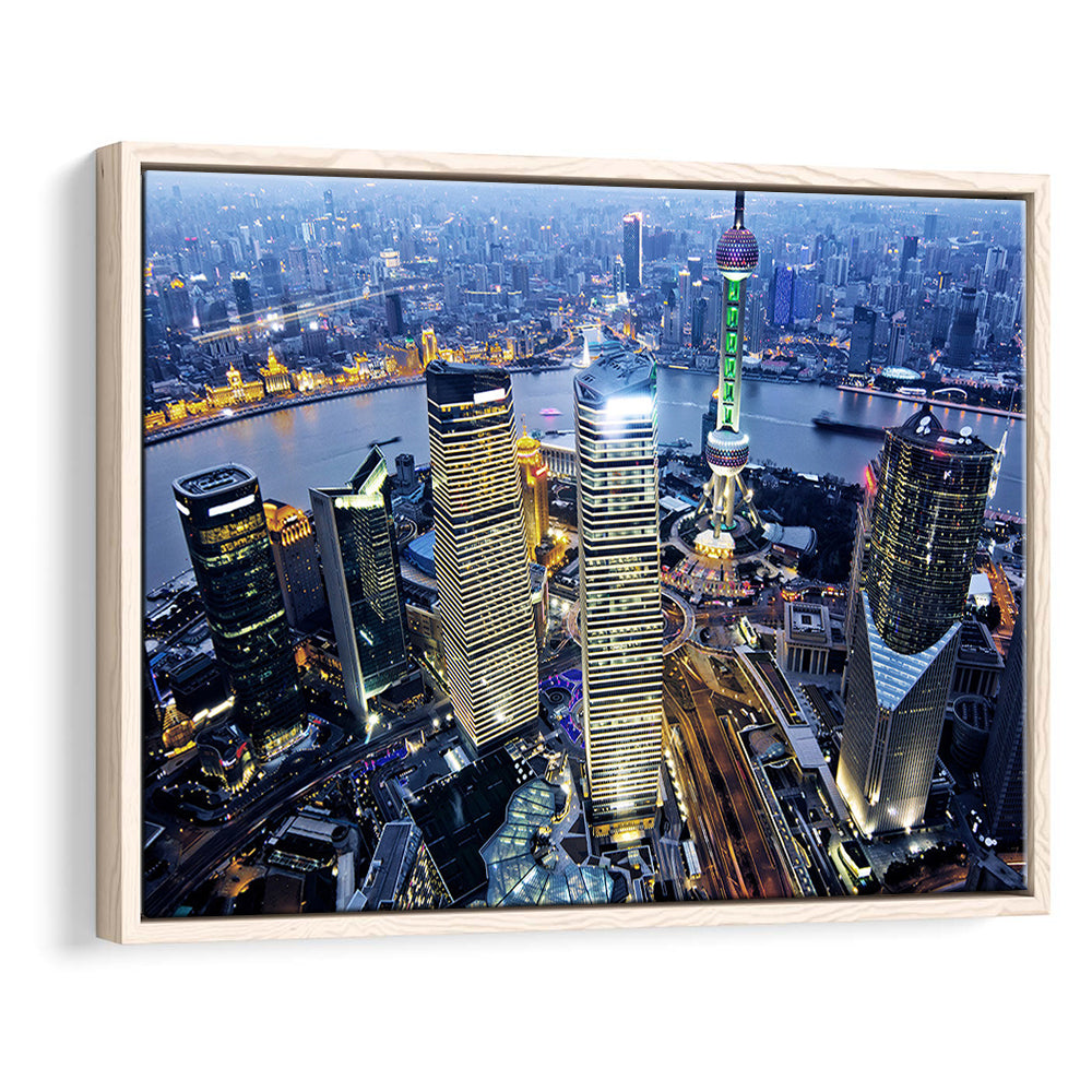 Shanghai Wall Decor,Modern China Cityscape Canvas Art Print For Living Room, Framed Cavas Print, Floating Frame