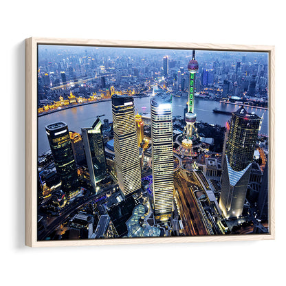 Shanghai Wall Decor,Modern China Cityscape Canvas Art Print For Living Room, Framed Cavas Print, Floating Frame