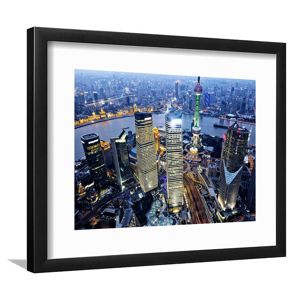 Shanghai Wall Decor,Modern China Cityscape Art Print For Living Room, Framed Art Print White Border