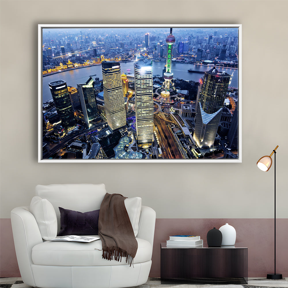 Shanghai Wall Decor,Modern China Cityscape Canvas Art Print For Living Room, Framed Cavas Print, Floating Frame