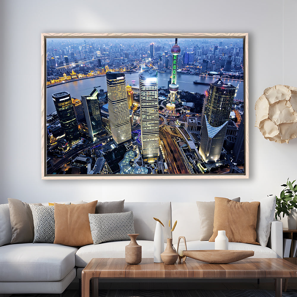 Shanghai Wall Decor,Modern China Cityscape Canvas Art Print For Living Room, Framed Cavas Print, Floating Frame