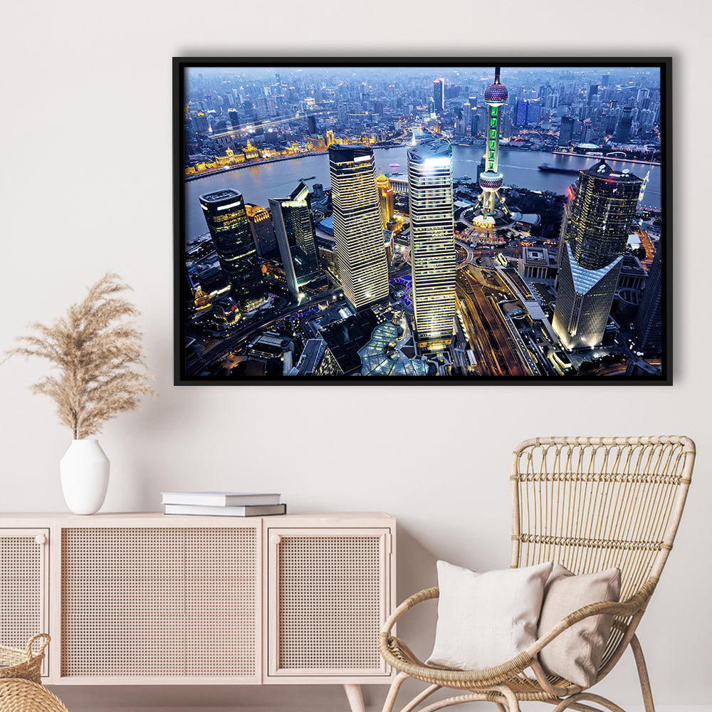 Shanghai Wall Decor,Modern China Cityscape Canvas Art Print For Living Room, Framed Cavas Print, Floating Frame