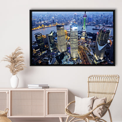 Shanghai Wall Decor,Modern China Cityscape Canvas Art Print For Living Room, Framed Cavas Print, Floating Frame