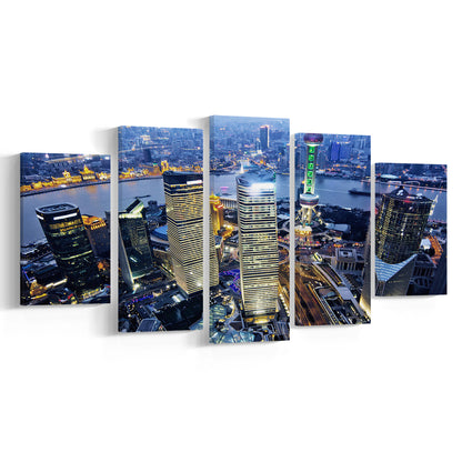 Shanghai Wall Decor,Modern China Cityscape Canvas Art Print for Living Room, 5 Piece Large Cavas Print Wall Art