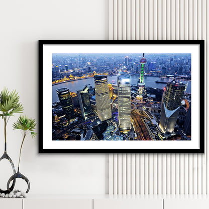 Shanghai Wall Decor,Modern China Cityscape Art Print For Living Room, Framed Art Print White Border
