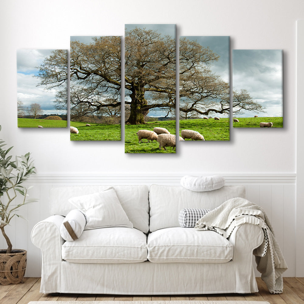 Sheep grazing under an old English oak tree, 5 Piece Large Cavas Print Wall Art