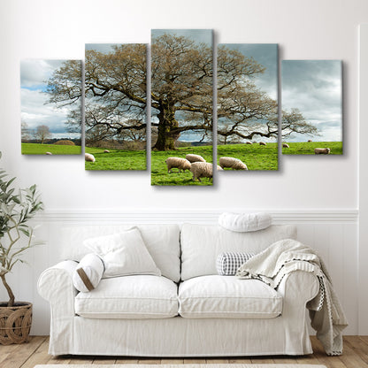 Sheep grazing under an old English oak tree, 5 Piece Large Cavas Print Wall Art