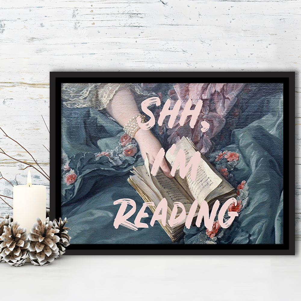 Shh I'M Reading Altered Art Print, Altered Art, Bedroom Print, Pink Print Art, Floating Framed Canvas Print Wall Art