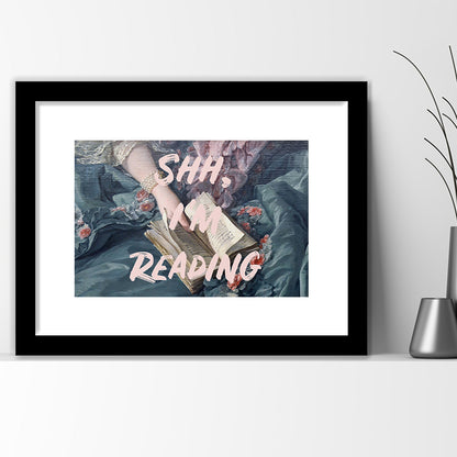 Shh I'M Reading Altered Art Print, Altered Art, Bedroom Print, Pink Print Art, Framed Art Print White Border Wall Decor