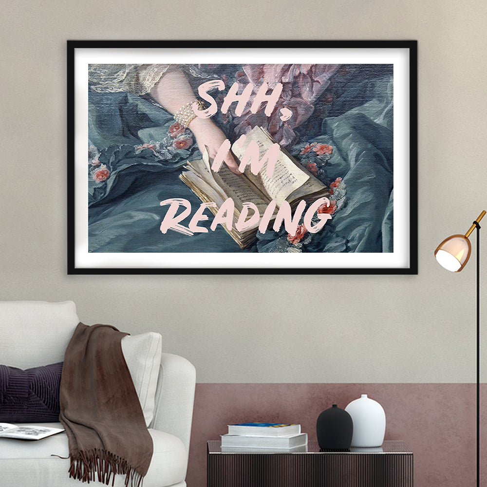 Shh I'M Reading Altered Art Print, Altered Art, Bedroom Print, Pink Print Art, Framed Art Print White Border Wall Decor