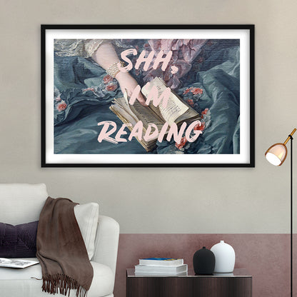 Shh I'M Reading Altered Art Print, Altered Art, Bedroom Print, Pink Print Art, Framed Art Print White Border Wall Decor