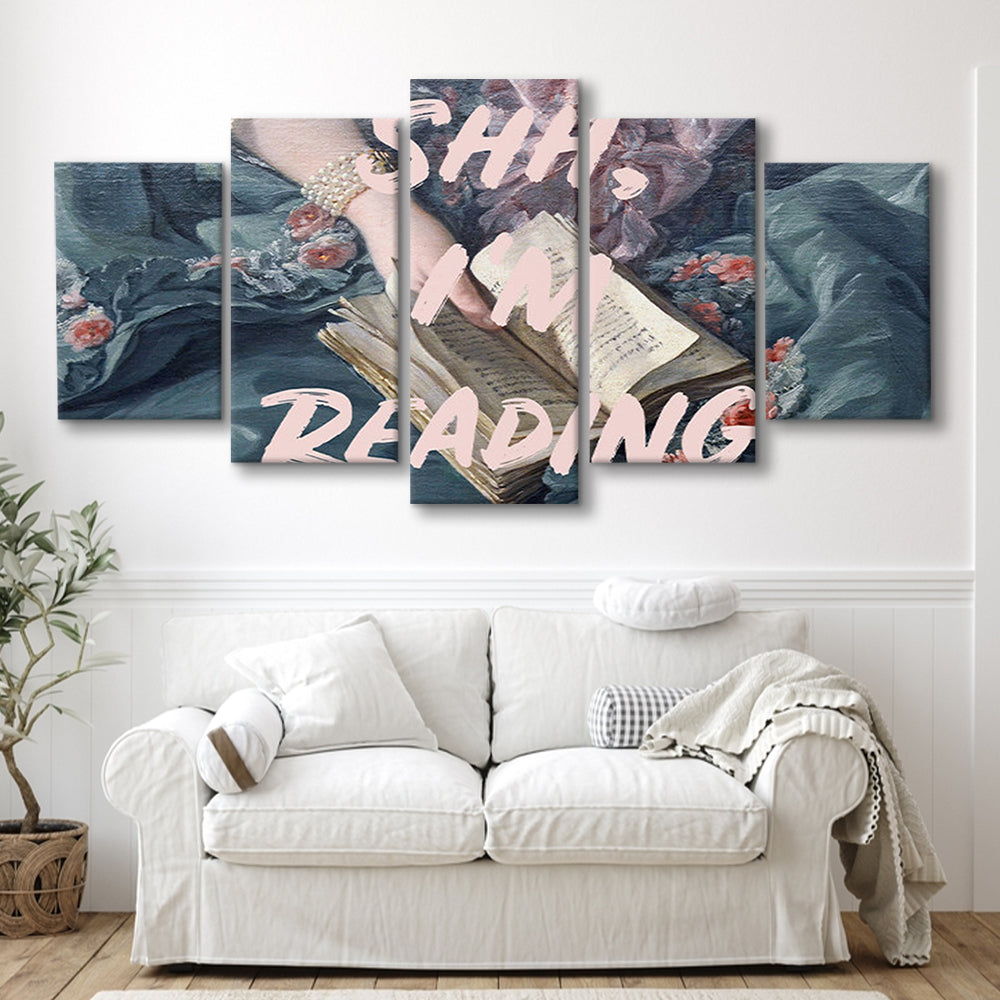 Shh I'M Reading Altered Art Print, Altered Art, Bedroom Print, Pink Print Art, Mixed Panels Canvas Print Wall Art
