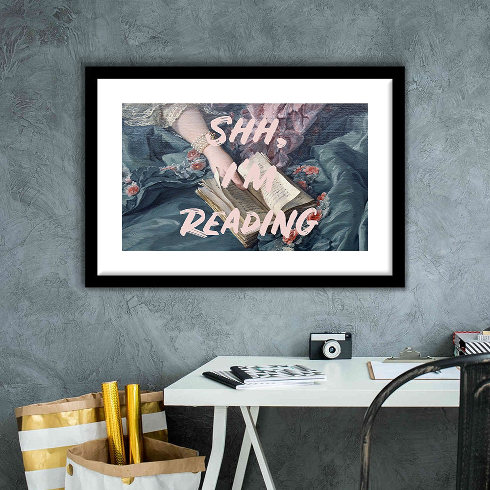 Shh I'M Reading Altered Art Print, Altered Art, Bedroom Print, Pink Print Art, Framed Art Print White Border Wall Decor