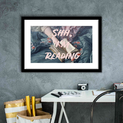 Shh I'M Reading Altered Art Print, Altered Art, Bedroom Print, Pink Print Art, Framed Art Print White Border Wall Decor