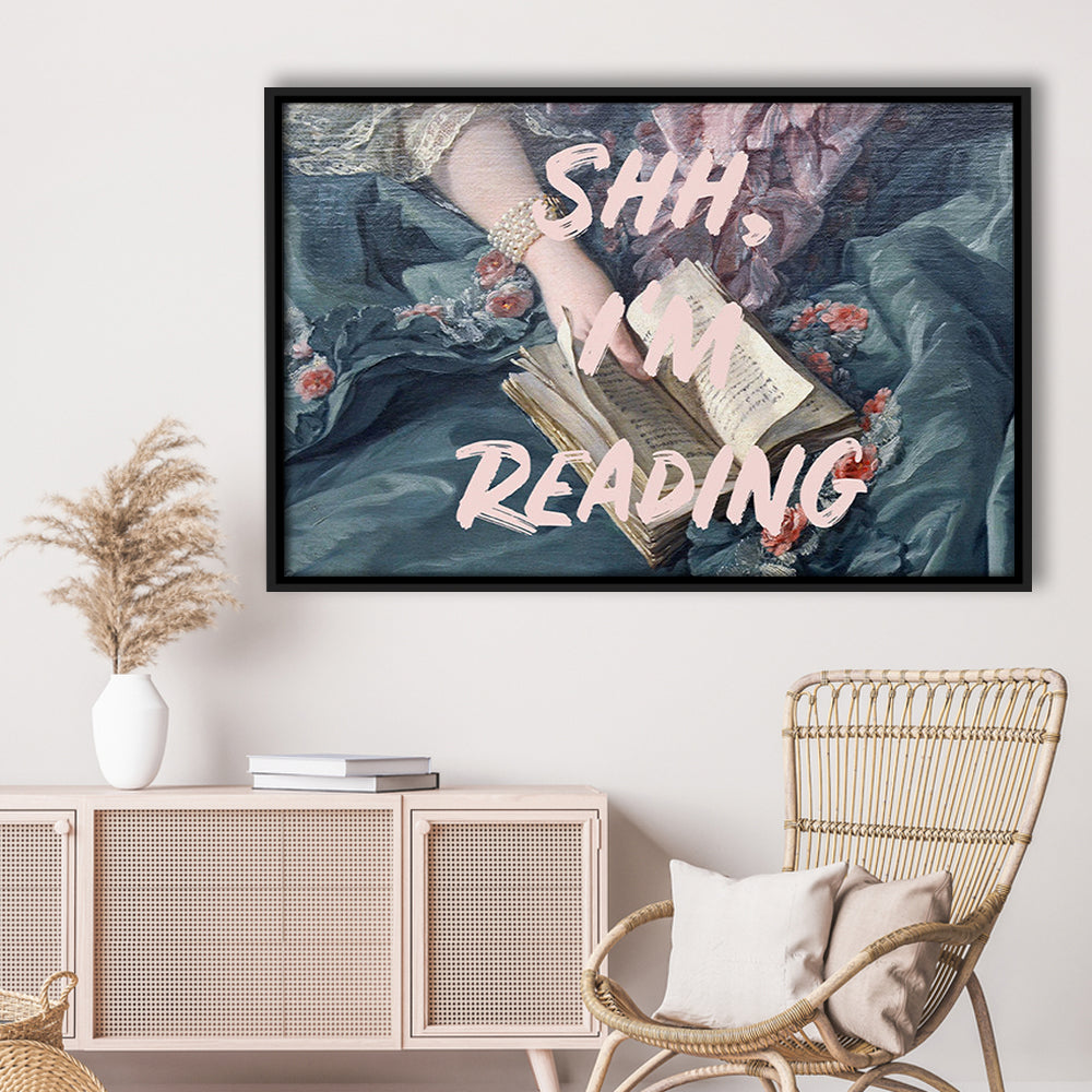 Shh I'M Reading Altered Art Print, Altered Art, Bedroom Print, Pink Print Art, Floating Framed Canvas Print Wall Art