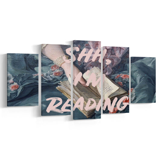 Shh I'M Reading Altered Art Print, Altered Art, Bedroom Print, Pink Print Art, Mixed Panels Canvas Print Wall Art
