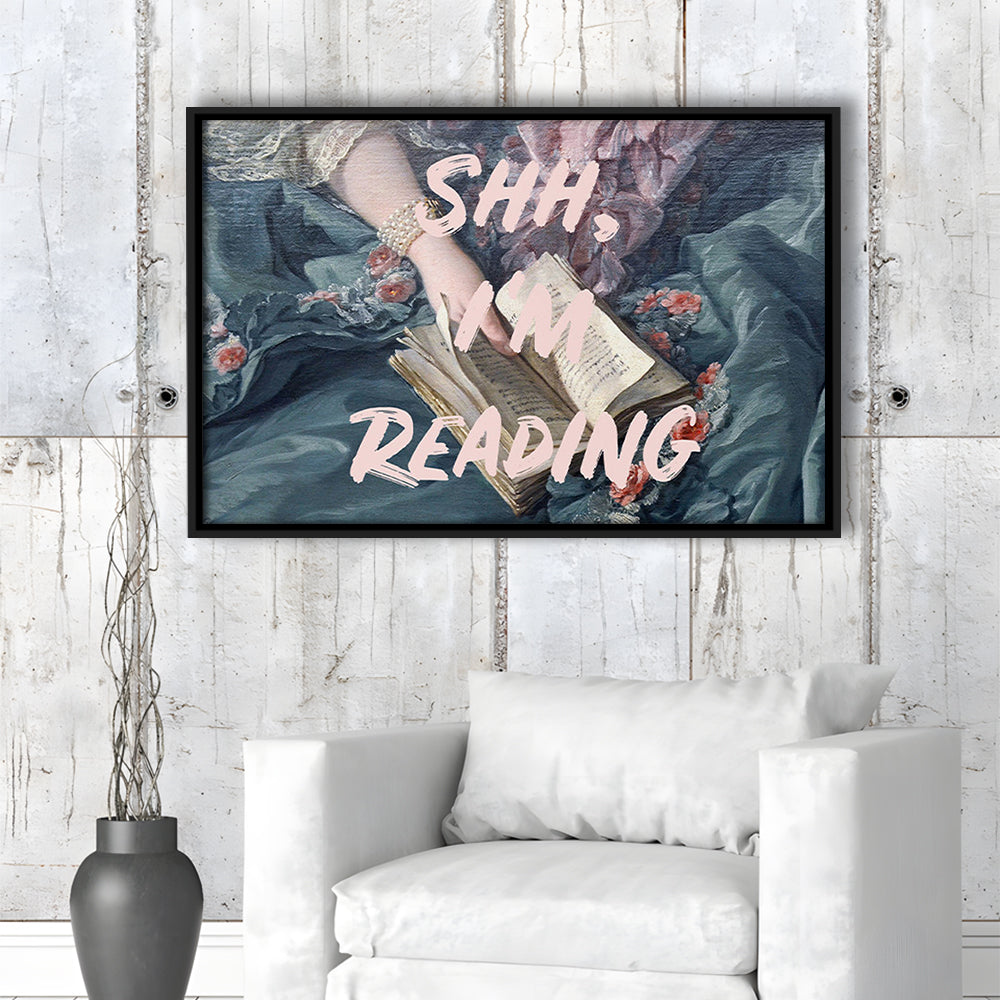 Shh I'M Reading Altered Art Print, Altered Art, Bedroom Print, Pink Print Art, Floating Framed Canvas Print Wall Art