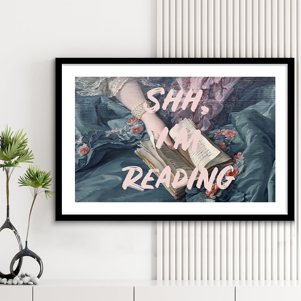 Shh I'M Reading Altered Art Print, Altered Art, Bedroom Print, Pink Print Art, Framed Art Print White Border Wall Decor