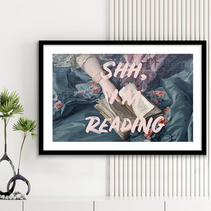 Shh I'M Reading Altered Art Print, Altered Art, Bedroom Print, Pink Print Art, Framed Art Print White Border Wall Decor