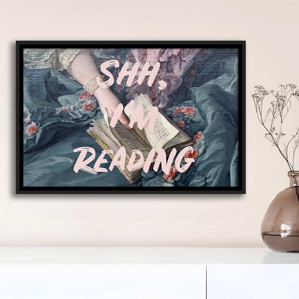 Shh I'M Reading Altered Art Print, Altered Art, Bedroom Print, Pink Print Art, Floating Framed Canvas Print Wall Art