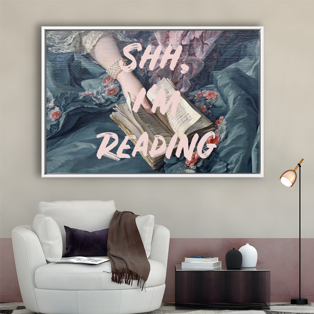 Shh I'M Reading Altered Art Print, Altered Art, Bedroom Print, Pink Print Art, Floating Framed Canvas Print Wall Art