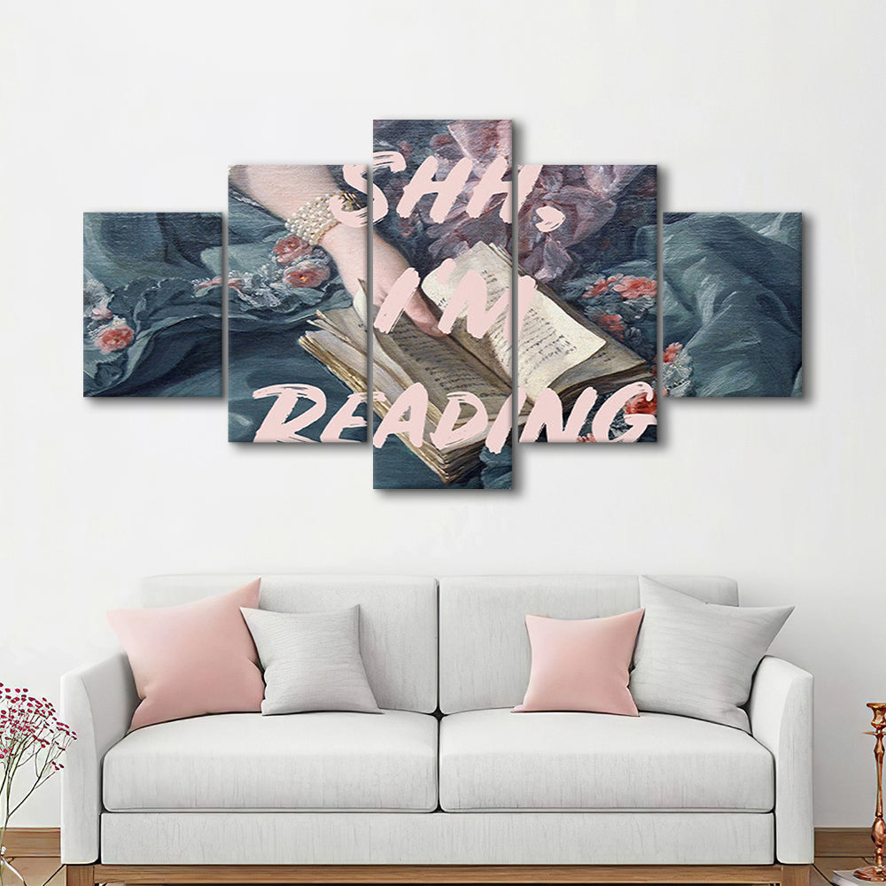 Shh I'M Reading Altered Art Print, Altered Art, Bedroom Print, Pink Print Art, Mixed Panels Canvas Print Wall Art