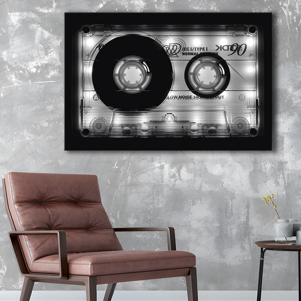 Shining Audio Cassette Canvas Print,Monochromatic Music Wall Decor,Black and White Art, Cavas Print Wall Art Hom Decor